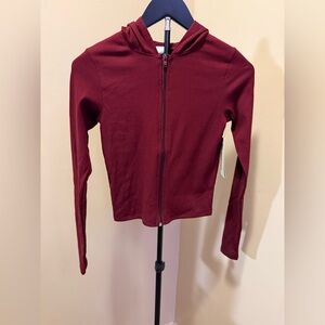 NWT XS No Boundaries Women's Stretch Cotton Rib Fitted Zip Hoodie Black Crimson